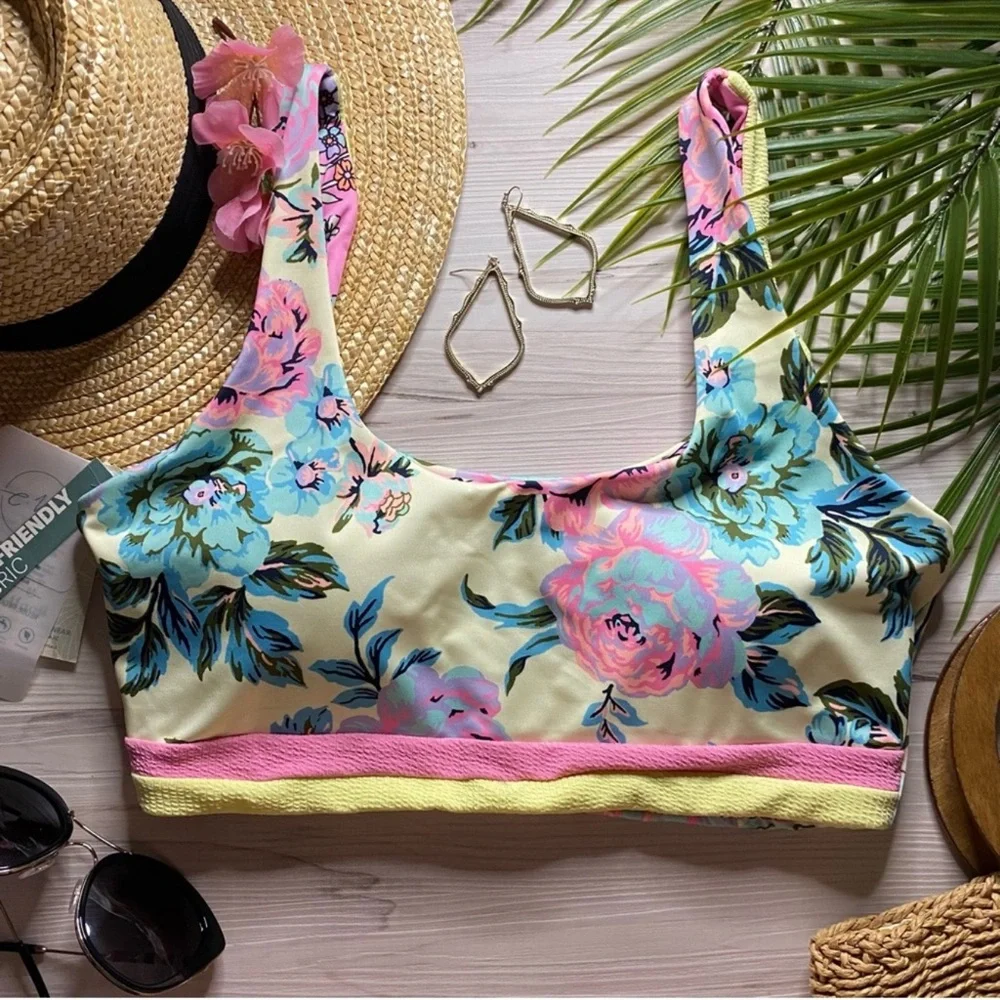 Maaji Floral Bikini Top in Cream and Blue